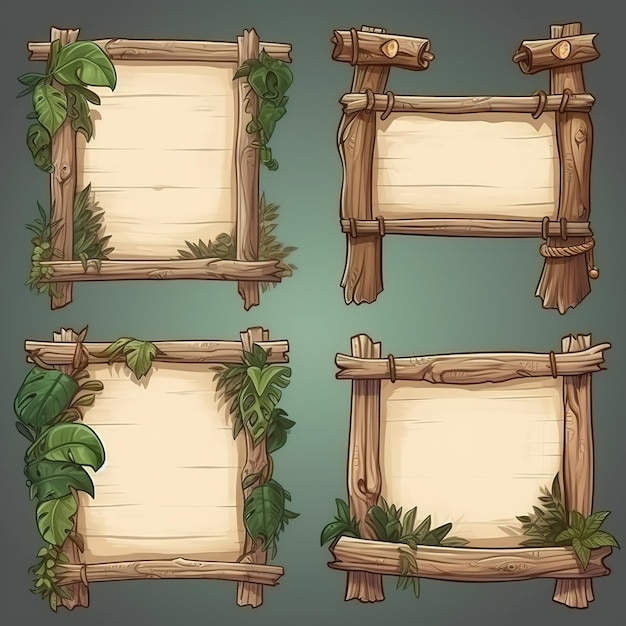 Houten borden in de jungle Houten bord met tropische bladeren mos en lianen planten voor het spel ui Jungle houten banner houten wijzend in groene bladeren