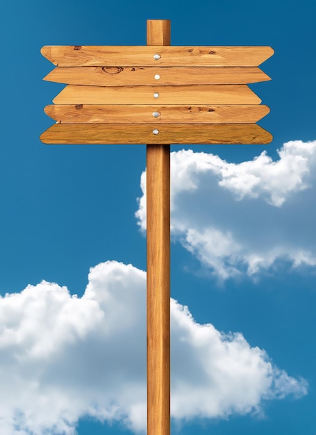 Foto houten bordpost geïsoleerd op blauwe lucht met witte wolken directie concept mock up sjabloon