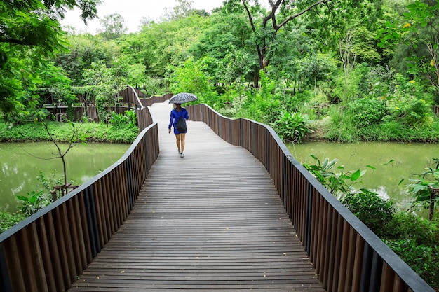 Foto houten brug met een vrouw die in een park loopt.