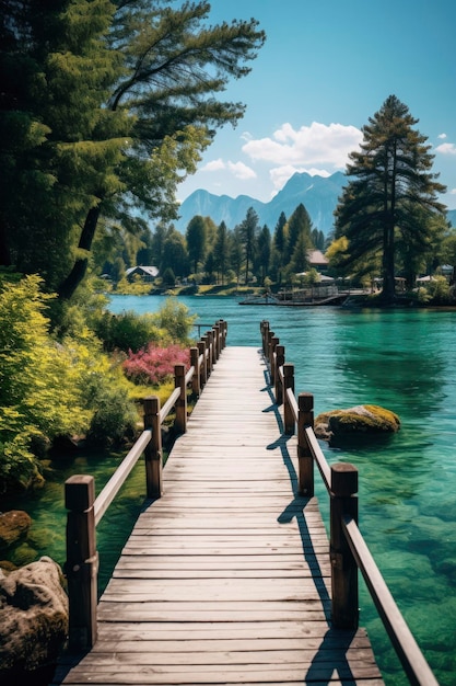 Foto houten brug met meer achtergrond