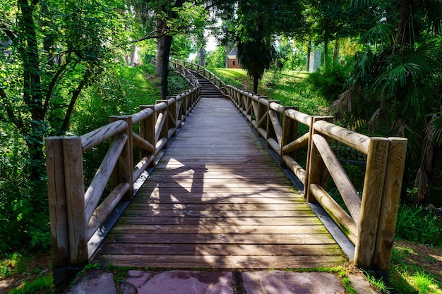 Houten brug over een beekje in het openbare park Retiro, Madrid.