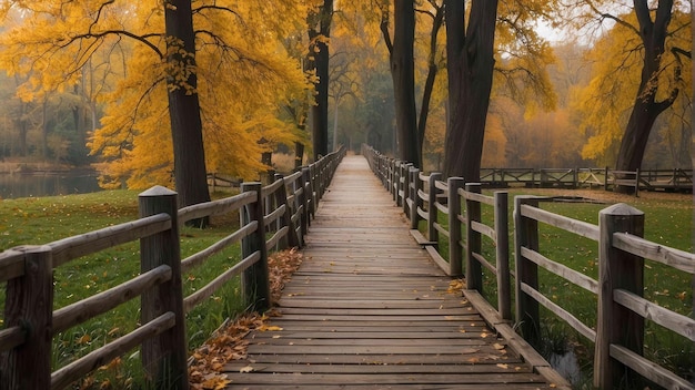 Houten brug over een rustige vijver in het herfstpark