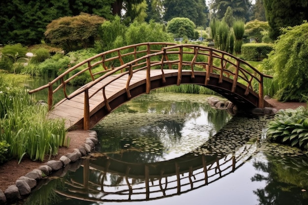 Houten brug over een zen-tuinvijver gemaakt met generatieve AI