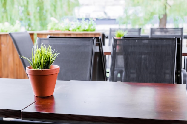 Houten buitentafel met plant in vaas op tafel en veel stalen zwarte stoelen