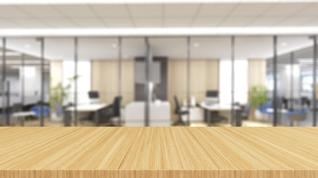 Houten bureau op wazige kantoorachtergrond, mock-up, 3D-rendering