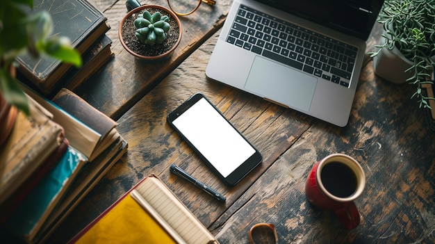 Houten bureau werkplek met leeg scherm smartphone laptop computer boek pen en koffiemok Bovenaanzicht plat gelegd met kopieerruimte Ai gegenereerd