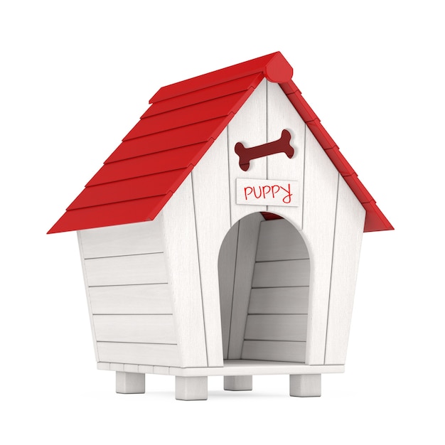 Houten Cartoon hondenhok met rood dak en puppy teken op een witte achtergrond. 3D-rendering