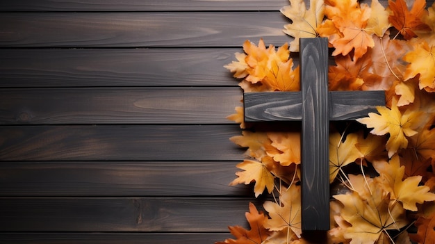 Houten christelijk kruis met rand van bladeren op een donkere houten achtergrond met kopieerruimte