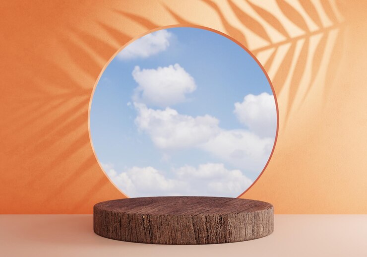 Houten cilinderpodium op oranje achtergrond met blauwe luchtvenster Minimale wolkenscène met strandverlofschaduw Abstract en vakantie vakantie concept 3D illustratie weergave