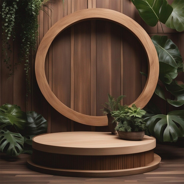 Houten cirkel en stenen podium met calathea orbifolia bloem achtergrond ai gegenereerd