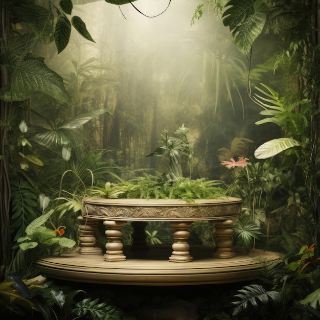 Houten cirkel podium in tropisch bos voor productpresentatie en groene achtergrond