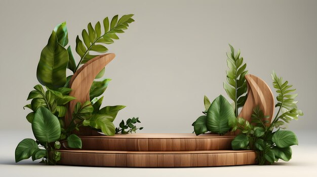 Foto houten cirkelpodium voor productweergave met natuurbladeren achtergrond