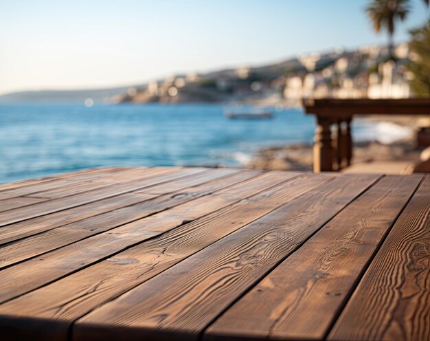 houten dek met blauw water op de achtergrond