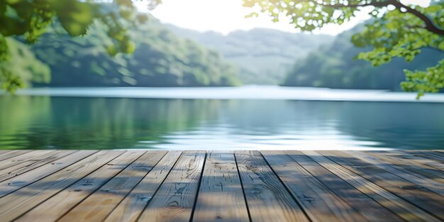 Houten dek op de achtergrond van het meer in het bos Ai gegenereerd