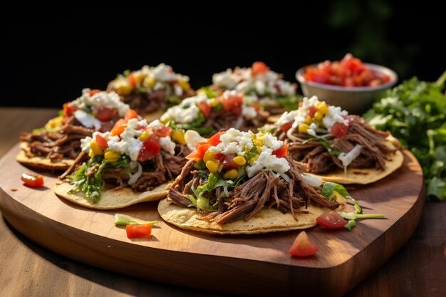 Houten dienblad met carne asada tacos op maïs tortilla