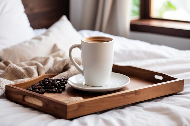 Houten dienblad met koffie en interieur op het bed met wit linnen Copyspace-afbeelding