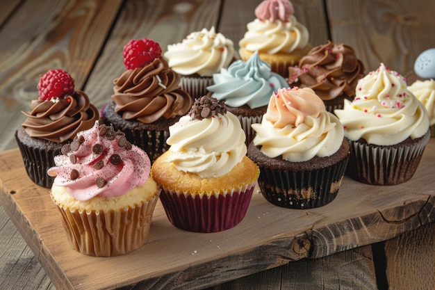 Houten dienblad vol met cupcakes