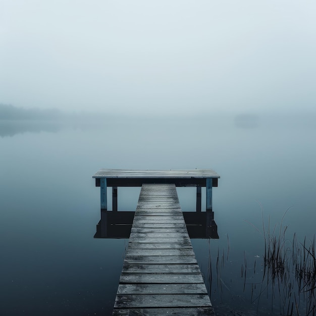 Foto houten dok die zich uitstrekt in een rustig meer op een mistige dag