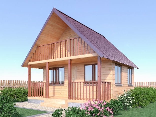 Houten dorpshuis of sauna buiten in de tuin. 3D render illustratie.