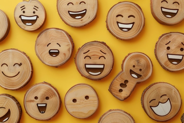 Foto houten emoticons met met de hand getekende monden op gele achtergrond