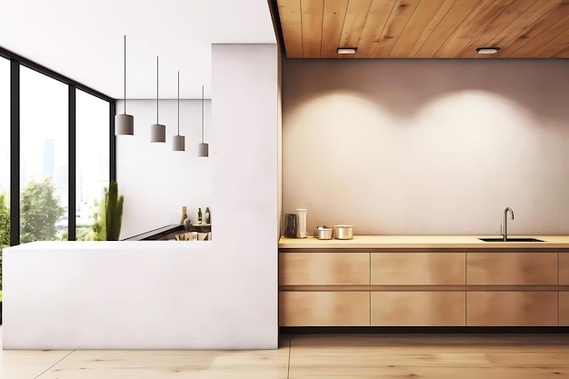 Houten en betonnen interieur van de keuken Generatief ontwerpconcept