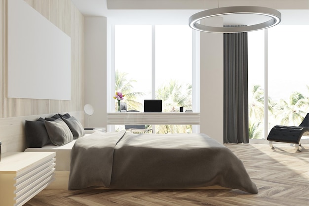 Houten en wit panoramisch slaapkamerinterieur met een houten vloer, een groot bed met nachtkastjes en een lange horizontale poster die erboven hangt. 3D-rendering mock-up