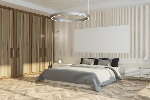 Houten en witte slaapkamerhoek met een houten vloer, een groot bed met nachtkastjes en erboven hangt een lange horizontale poster. 3D-rendering mock-up