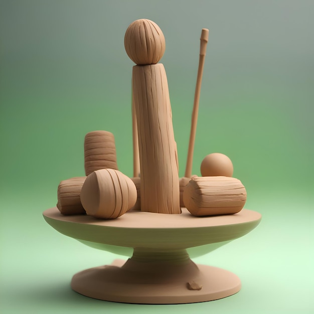 Houten figuren op een stand 3d illustratie Groene achtergrond