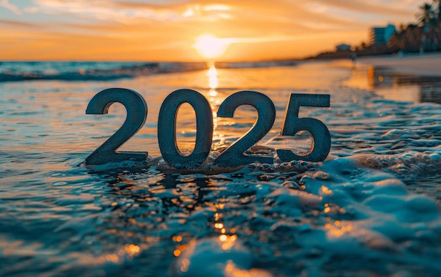 Houten figuren van 2025 worden bij zonsopgang door zachte golven overgespoeld op een zandstrand. Het beeld symboliseert het nieuwe begin van een nieuw jaar met de belofte van een heldere horizon.
