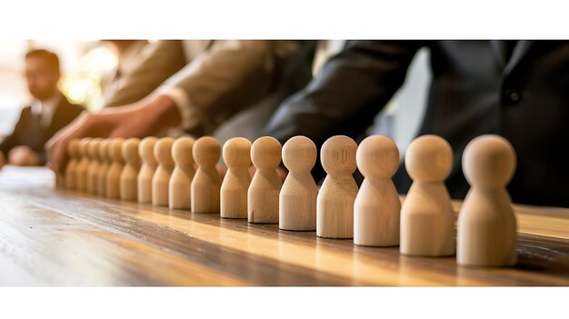 Foto houten figuren van mensen staan in een rij op een houten tafel de figuren zijn gerangschikt in een rij met één figuur die voor de anderen staat