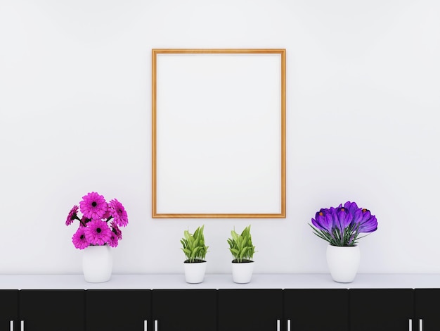 Houten fotolijstmodel met kastplant en bloemen 3D-rendering