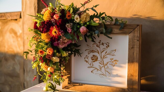 Houten frame en boeket bloemen