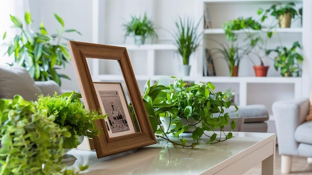 Houten frame leunend op een witte plank in een helder interieur met planten op de tafel met planten in potten