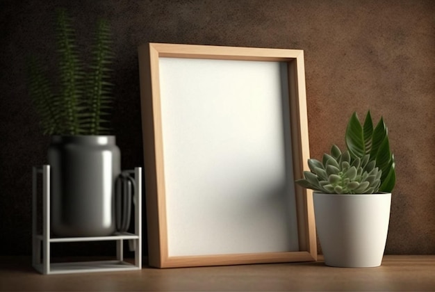 Houten frame mockup met plant in vaas op muur achtergrond generatieve Ai