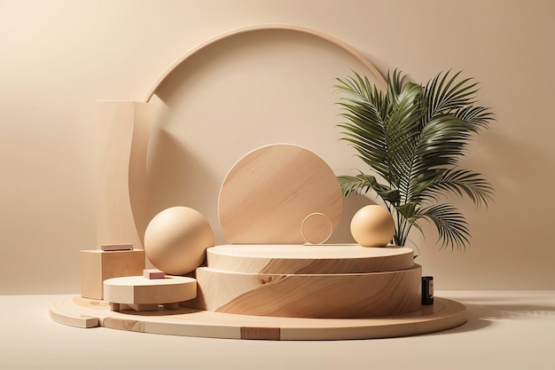 Houten geometrische vormen kubus en cirkel podium scène voor cosmetisch product beige achtergrond palm