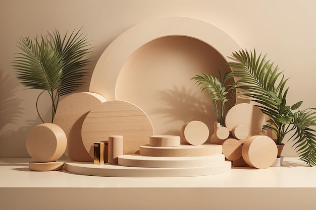 Houten geometrische vormen kubus en cirkel podium scène voor cosmetisch product beige achtergrond palm