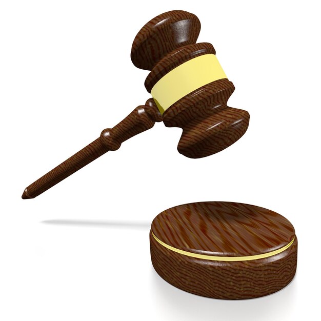 Houten hamer op witte achtergrond rechtvaardigheid concept 3D illustratie