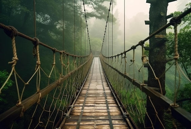 Houten hangbrug in het bos