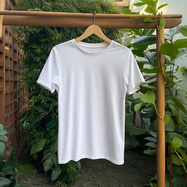 Houten hanger met lege witte t-shirt die buiten in de tuin hangt