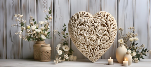 Foto houten hart met witte rozen en kaarsen op houten achtergrondkopieerruimte generatieve ai