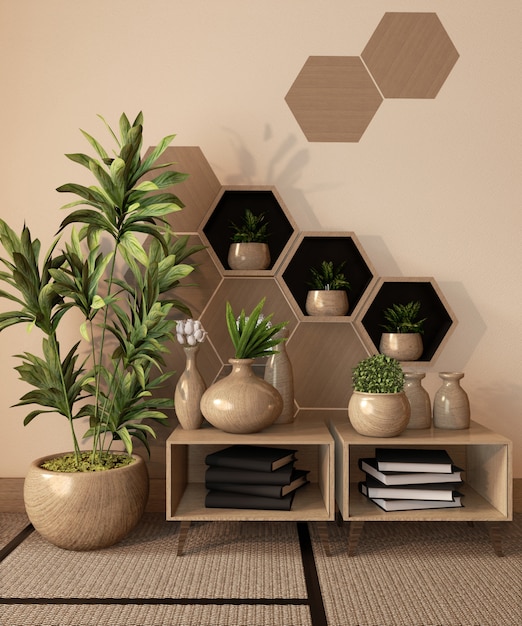 Houten hexagon plank en tegels op muur en houten kabinet en houten vaasdecoratie op de vloer van de tatamimat, het 3d teruggeven