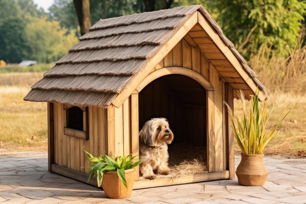 Houten hondenhuis in de groene tuin Een schattige bruine puppy vindt schuilplaats en vreugde