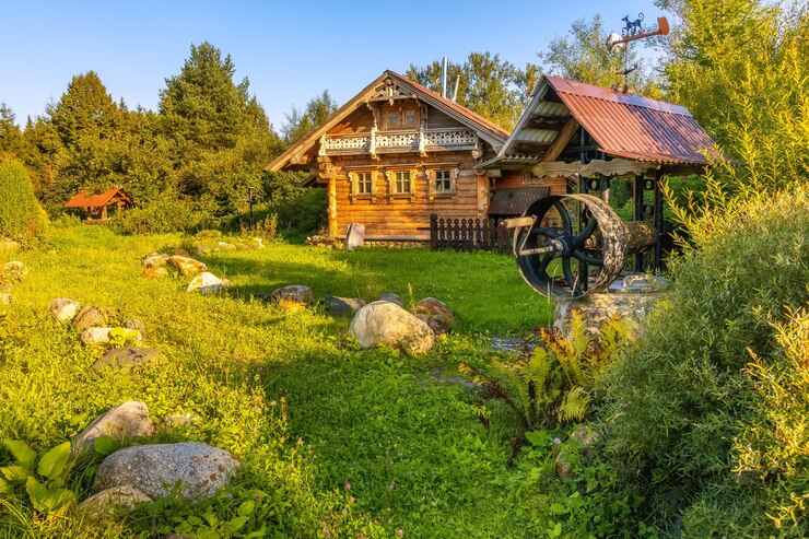 Houten huis een voorbeeld van oude Russische architectuur Het dorp Svyatogorovo Dmitrov