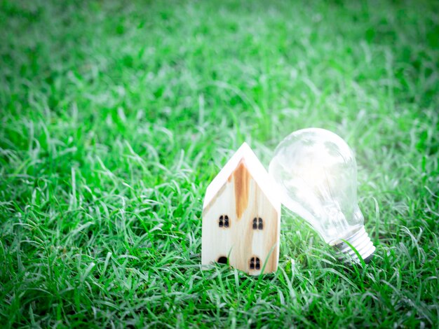 Houten huis en gloeilamp op groen gras energiebesparend gebruik van hernieuwbare groene energie voor het redden van de wereld liefde en bescherming van onze planeet milieuvriendelijk concept