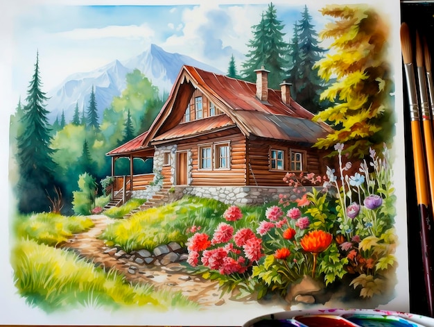 Houten huis in de bergen Het schilderen op doek met de hand