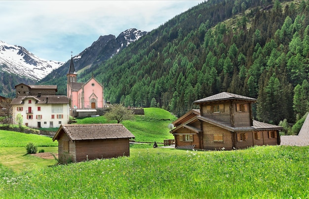 Houten huis in de bergen van de Alpen