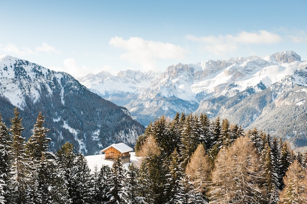 Houten huis in de dolomieten op zonnige winterdag, val di fassa skiresort, italy