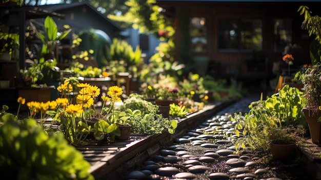 Houten huis in dorp met planten en bloemen in achtertuin Tuin en bloem op landelijk huis