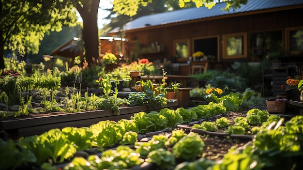 Houten huis in dorp met planten en bloemen in achtertuin tuin en bloem op landelijk huis