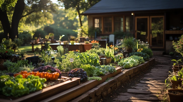 Houten huis in dorp met planten en bloemen in achtertuin Tuin en bloem op landelijk huis